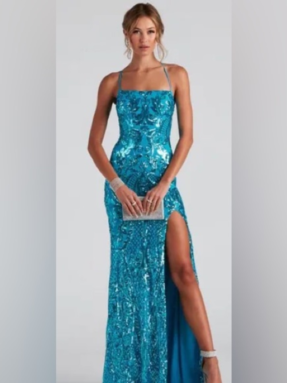 Windsor Teal Sequined Spaghetti Strap Prom Gown with High Slit